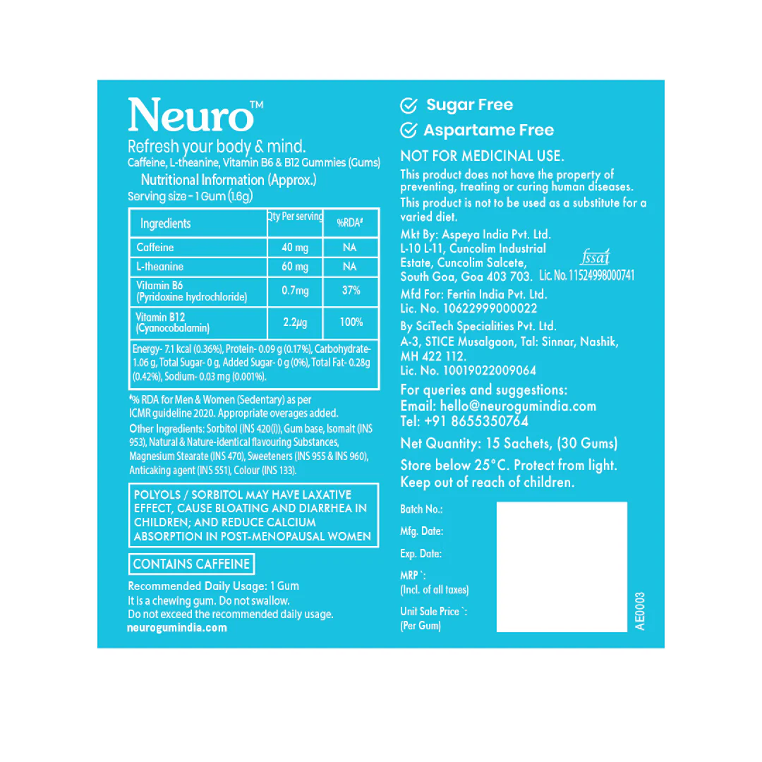 Neuro Energy Caffeine Gums - Peppermint Pack of 4 (120 Pieces: 15 X 2 gum sachets) - Image 6